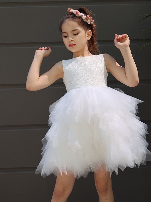 Lace A-Line/Princess Scoop Sleeveless Short/Mini Tulle Flower Girl Dresses