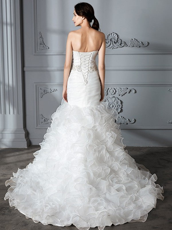 Sweep/Brush Sweetheart Trumpet/Mermaid Ruffle Train Sleeveless Satin Wedding Dresses