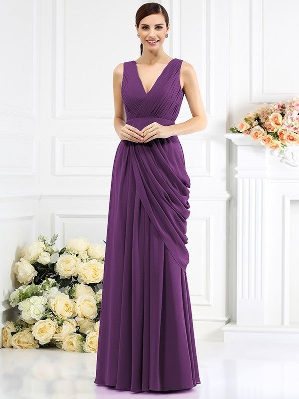 A-Line/Princess Long Pleats Sleeveless V-neck Chiffon Bridesmaid Dresses