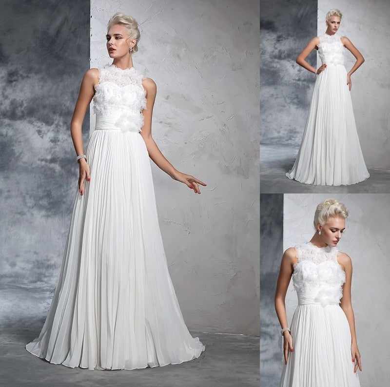 Long Sleeveless A-Line/Princess Neck Pleats High Chiffon Wedding Dresses