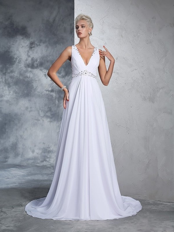 Long A-Line/Princess Sleeveless V-neck Beading Chiffon Wedding Dresses