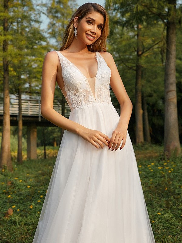 Sweep/Brush V-neck Tulle Applique Sleeveless A-Line/Princess Train Wedding Dresses