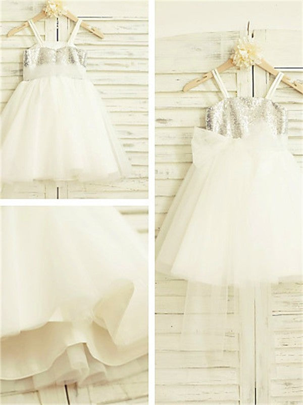 Spaghetti Sleeveless Tulle Sequin Straps A-line/Princess Tea-Length Flower Girl Dresses