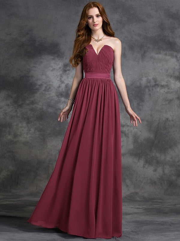 Ruched A-line/Princess Sleeveless Sweetheart Long Chiffon Bridesmaid Dresses