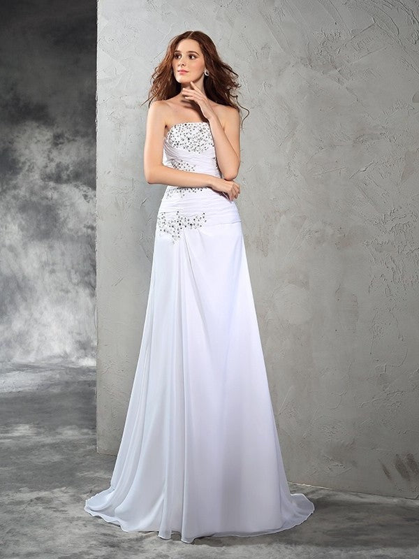 Sheath/Column Strapless Long Beading Sleeveless Chiffon Wedding Dresses