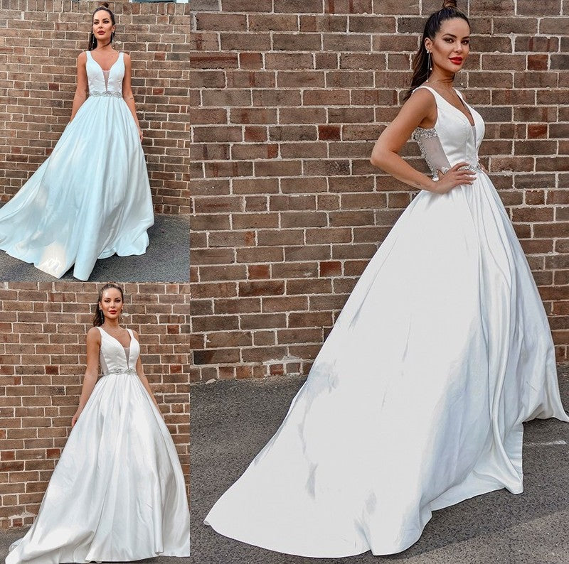 Sleeveless Court V-neck A-Line/Princess Satin Beading Train Wedding Dresses