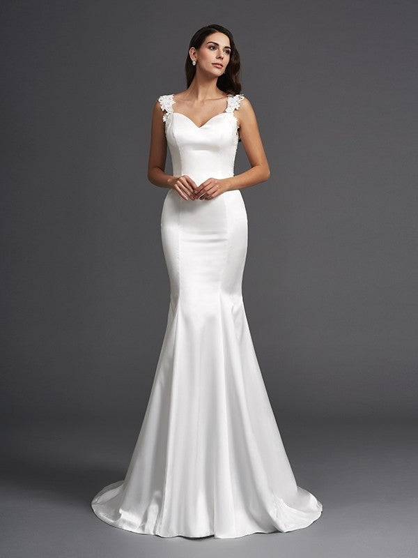 Long Straps Beading Trumpet/Mermaid Sleeveless Satin Wedding Dresses