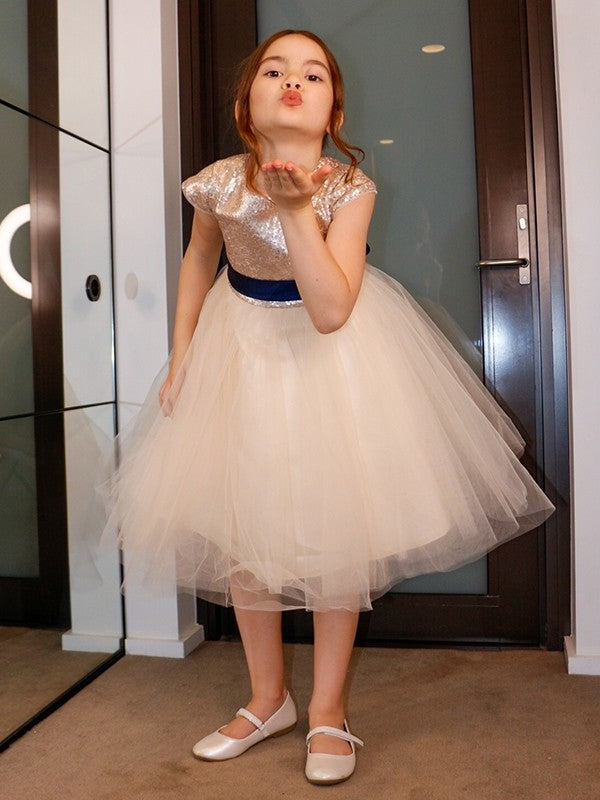 Tulle Short Sash/Ribbon/Belt Sleeves A-Line/Princess Scoop Knee-Length Flower Girl Dresses