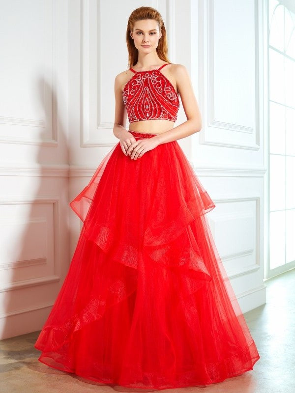 Floor-Length Beading Tulle A-Line/Princess Straps Sleeveless Spaghetti Two Piece Dresses