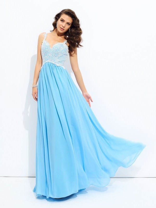 Sleeveless A-Line/Princess V-neck Lace Long Chiffon Dresses