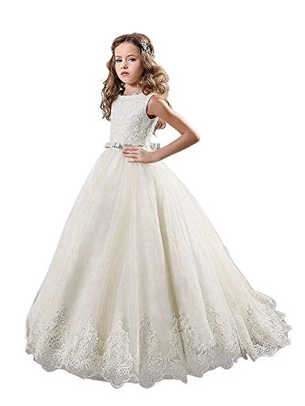 Gown Train Ball Jewel Sweep/Brush Tulle Lace Sleeveless Flower Girl Dresses