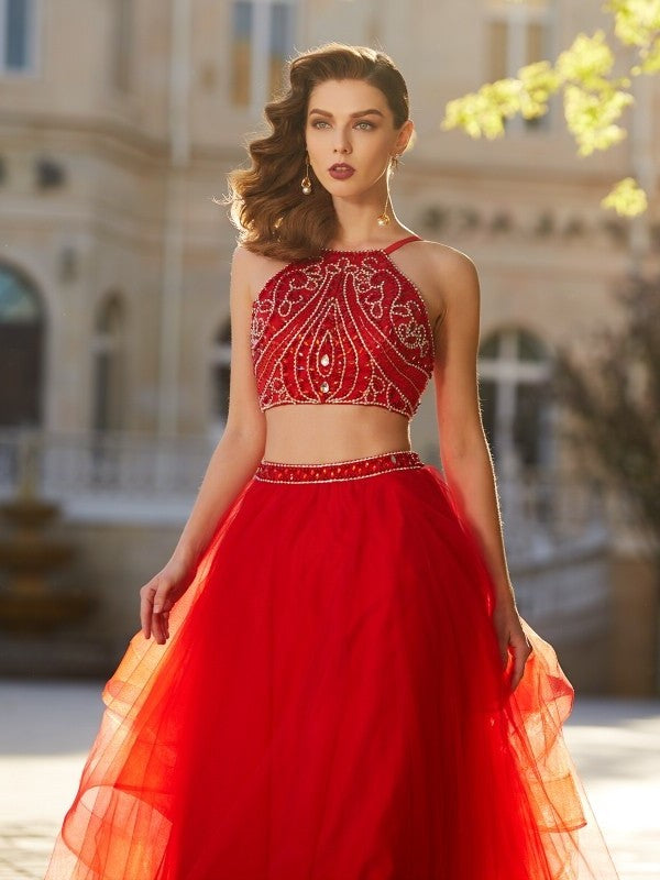 Floor-Length Beading Tulle Spaghetti Straps Sleeveless A-Line/Princess Two Piece Dresses