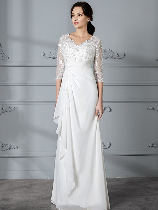 Sheath/Column V-neck Chiffon Sleeves 3/4 Floor-Length Wedding Dresses