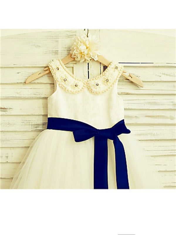 Bowknot Tea-Length Tulle Scoop A-line/Princess Sleeveless Flower Girl Dresses