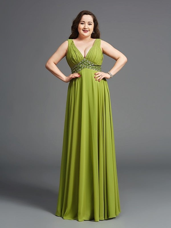 Chiffon Long Sleeveless Rhinestone Straps A-Line/Princess Plus Size Dresses