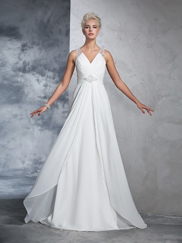 Sleeveless Ruched Long V-neck A-Line/Princess Chiffon Wedding Dresses