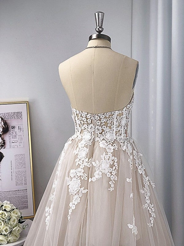 Sleeveless Tulle A-Line/Princess Sweetheart Sweep/Brush Applique Train Wedding Dresses