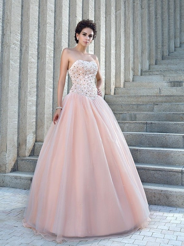 Sleeveless Ball Strapless Long Gown Beading Satin Wedding Dresses