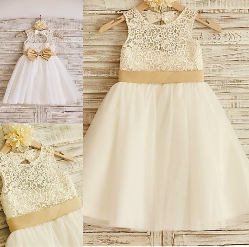 Bowknot Tulle Sleeveless A-line/Princess Scoop Knee-Length Flower Girl Dresses