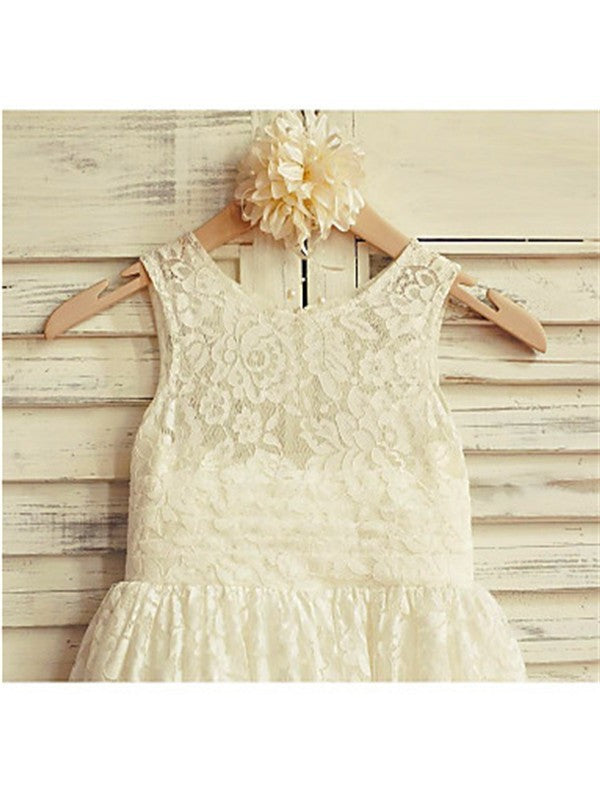 Scoop Sleeveless Ruffles A-line/Princess Tea-Length Lace Flower Girl Dresses