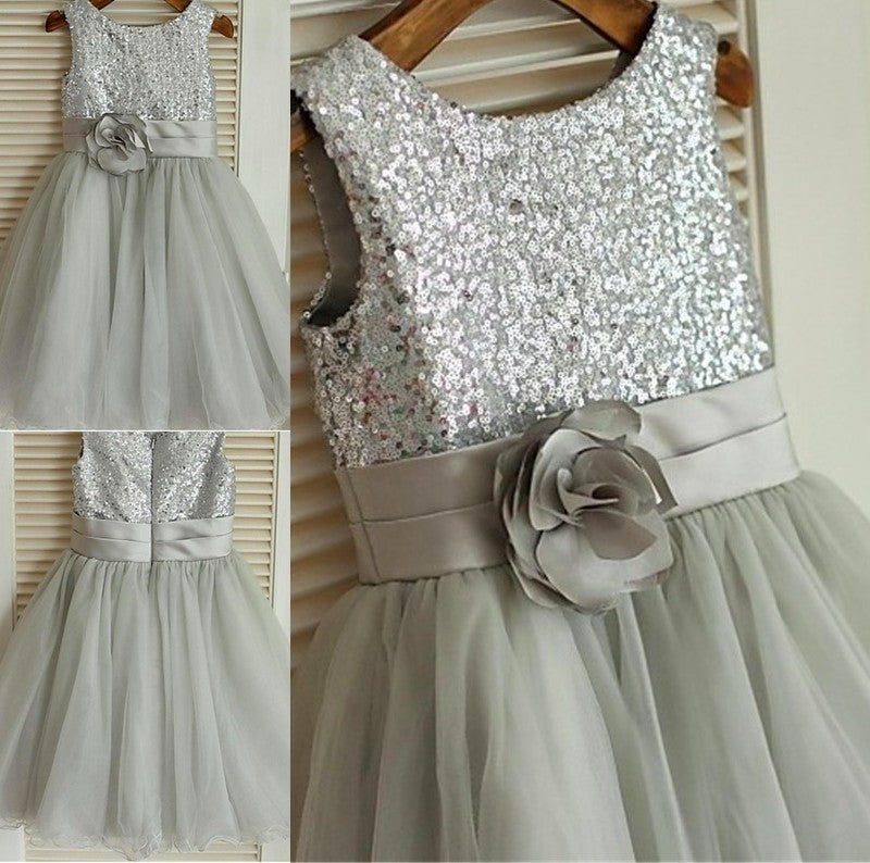 Sleeveless Tea-Length Sequin A-line/Princess Scoop Tulle Flower Girl Dresses