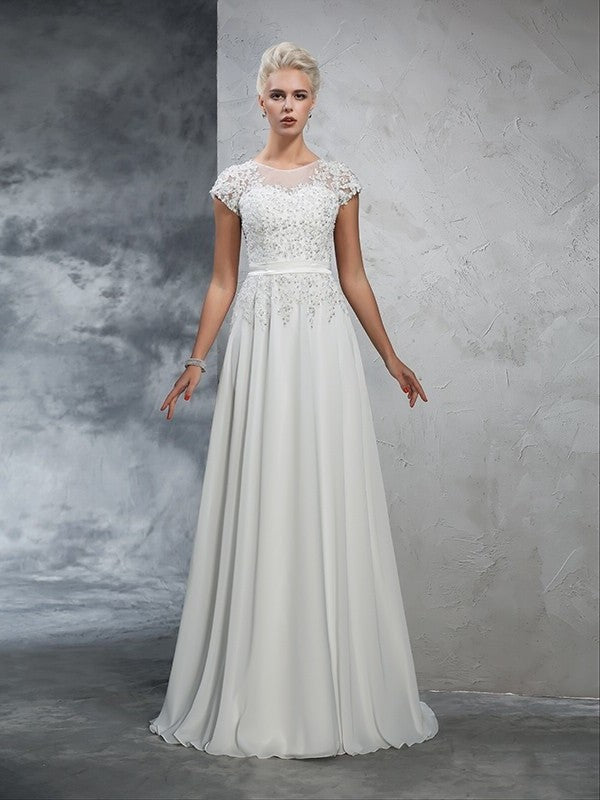 Short Neck Long Sheer A-Line/Princess Applique Sleeves Chiffon Wedding Dresses