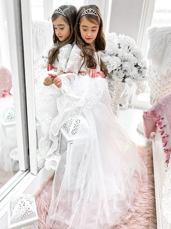 Sash/Ribbon/Belt Tulle Sweep/Brush Off-the-Shoulder 1/2 Train Sleeves A-Line/Princess Flower Girl Dresses