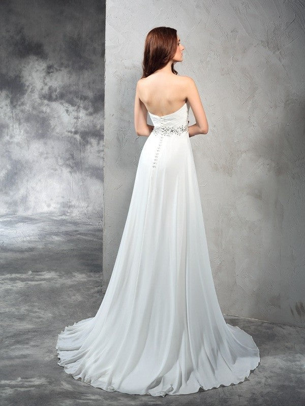 Sleeveless A-Line/Princess Long Sweetheart Pleats Chiffon Wedding Dresses