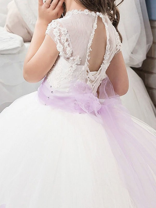 Ball Tulle Short Jewel Sleeves Sash/Ribbon/Belt Gown Floor-Length Flower Girl Dresses