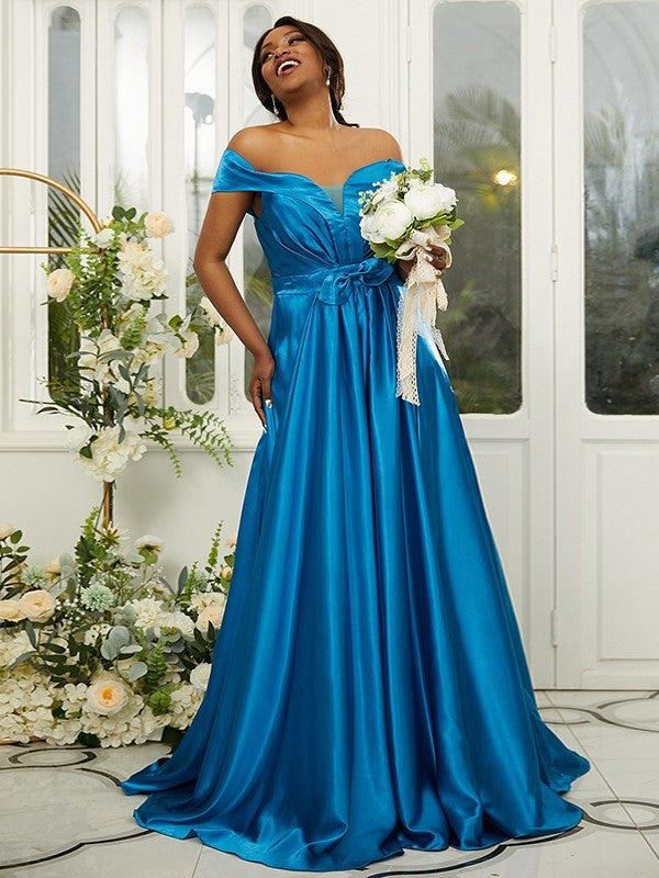 Sleeveless A-Line/Princess Ruffles Silk Off-the-Shoulder Satin Sweep/Brush like Train Bridesmaid Dresses