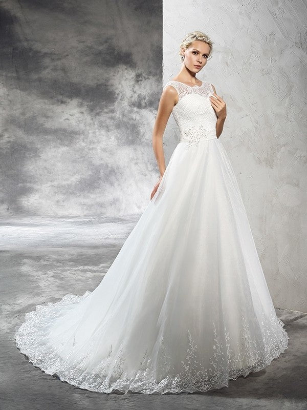 Ball Long Gown Sleeveless Sheer Neck Sash/Ribbon/Belt Net Wedding Dresses