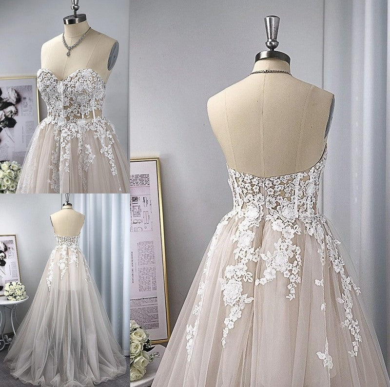 Sleeveless Tulle A-Line/Princess Sweetheart Sweep/Brush Applique Train Wedding Dresses