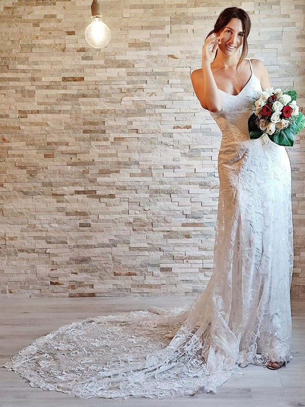 Lace Sheath/Column Spaghetti Sleeveless Applique Straps Court Train Wedding Dresses