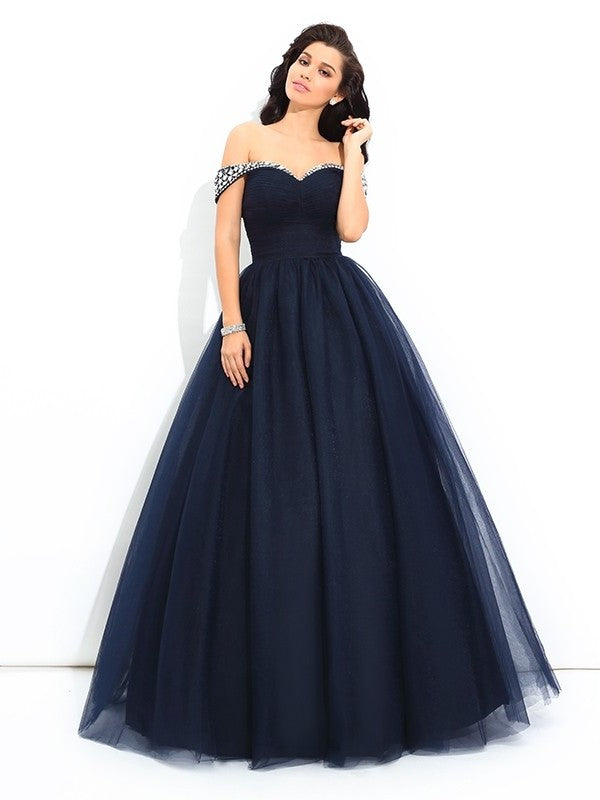 Beading Gown Off-the-Shoulder Sleeveless Long Ball Net Quinceanera Dresses