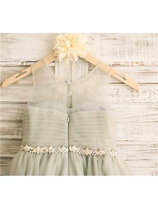 Tea-Length Beading A-line/Princess Scoop Sleeveless Tulle Flower Girl Dresses