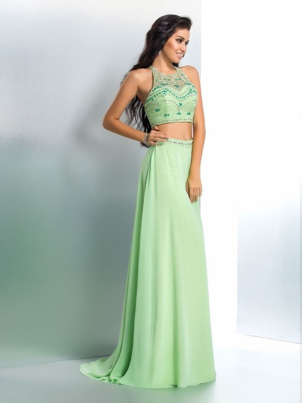 Chiffon Long Halter Beading Sleeveless A-Line/Princess Two Piece Dresses