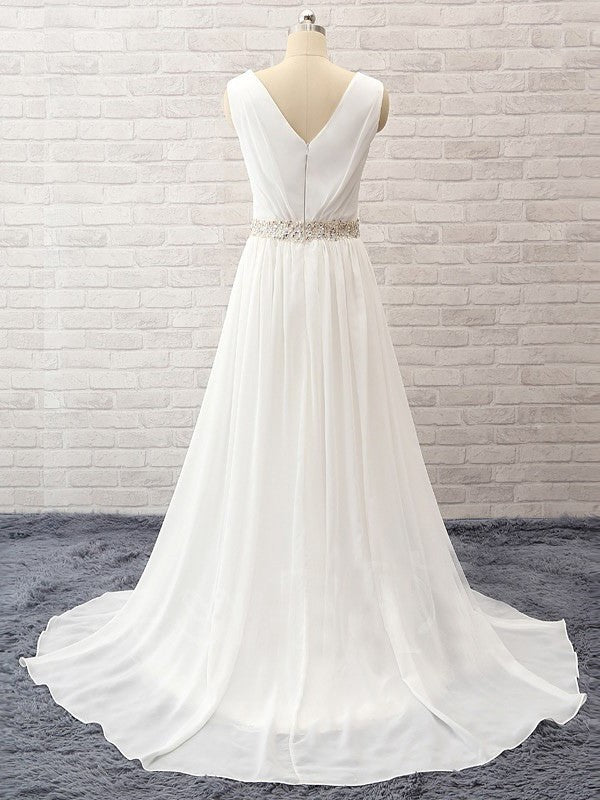 Train Sweep/Brush A-Line/Princess Sleeveless V-neck Beading Chiffon Wedding Dresses