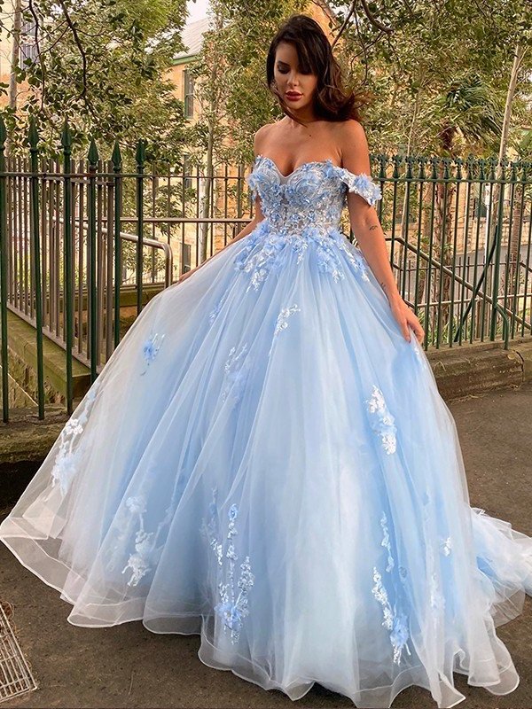 Ball Gown Sleeveless Off-the-Shoulder Applique Tulle Sweep/Brush Train Dresses