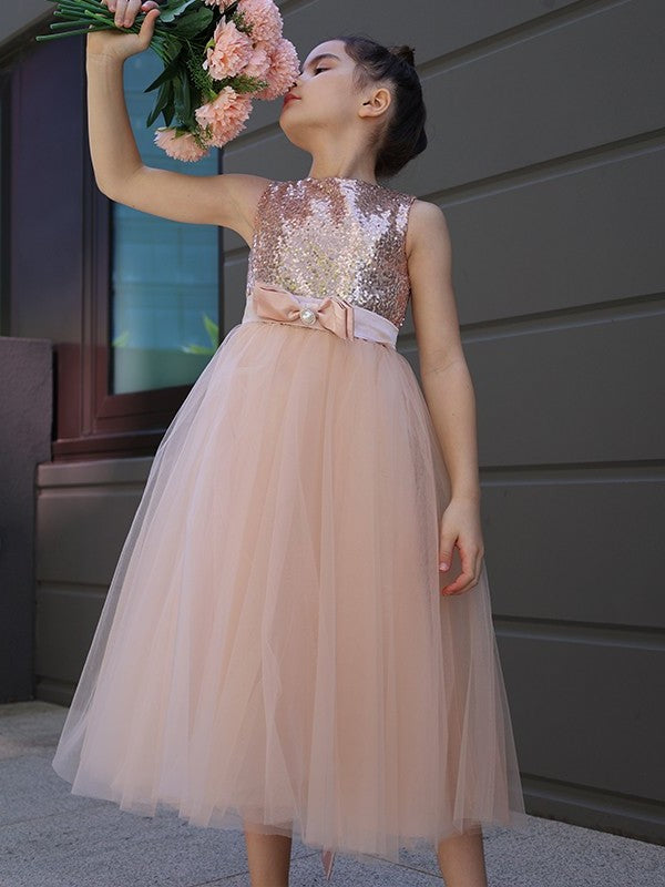 Sleeveless Scoop Bowknot Tulle A-Line/Princess Tea-Length Flower Girl Dresses