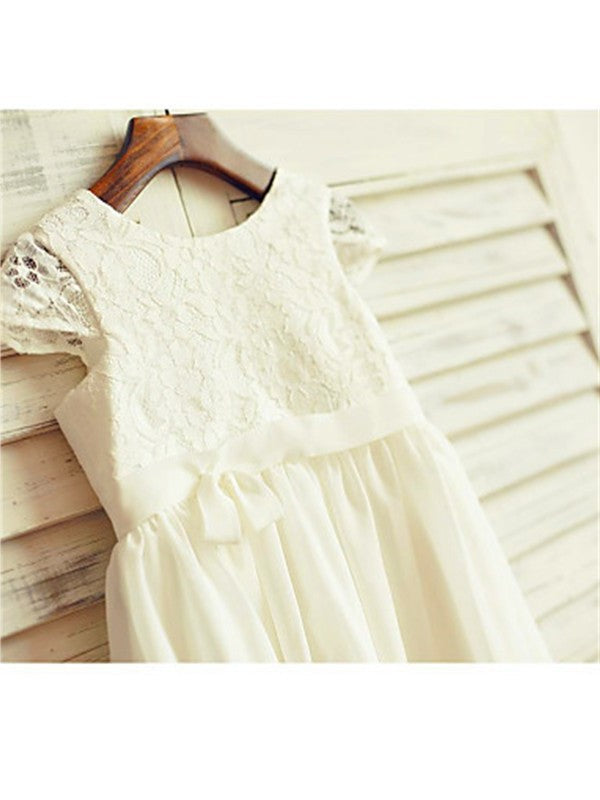 Lace Sleeves A-line/Princess Tea-Length Short Chiffon Scoop Flower Girl Dresses