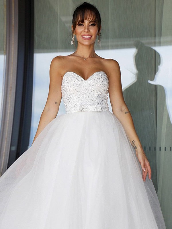 Sweetheart Sleeveless Ball Tulle Gown Bowknot Floor-Length Wedding Dresses