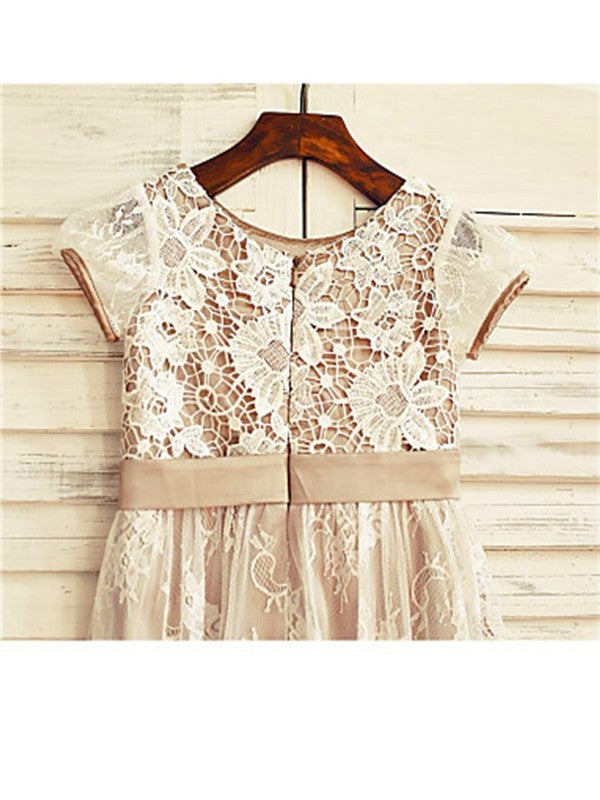 Short Scoop Sleeves Lace A-line/Princess Hand-made Flower Tea-Length Flower Girl Dresses