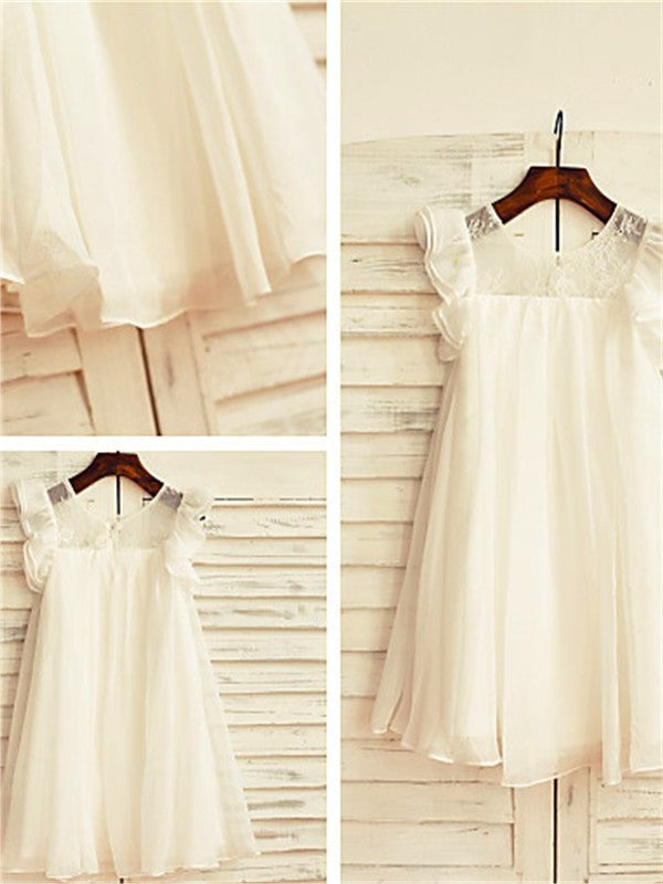 Chiffon Lace Scoop Short Tea-Length A-line/Princess Sleeves Flower Girl Dresses