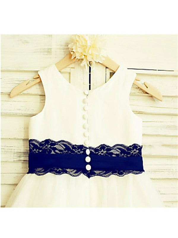 A-line/Princess Tea-Length Lace Sleeveless Scoop Tulle Flower Girl Dresses