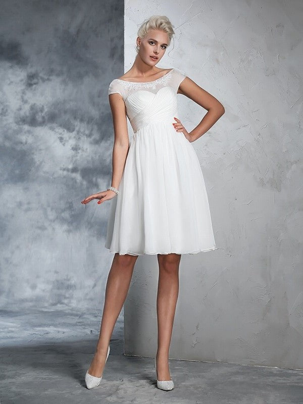 Ruched A-Line/Princess Short Sheer Short Neck Sleeves Chiffon Wedding Dresses