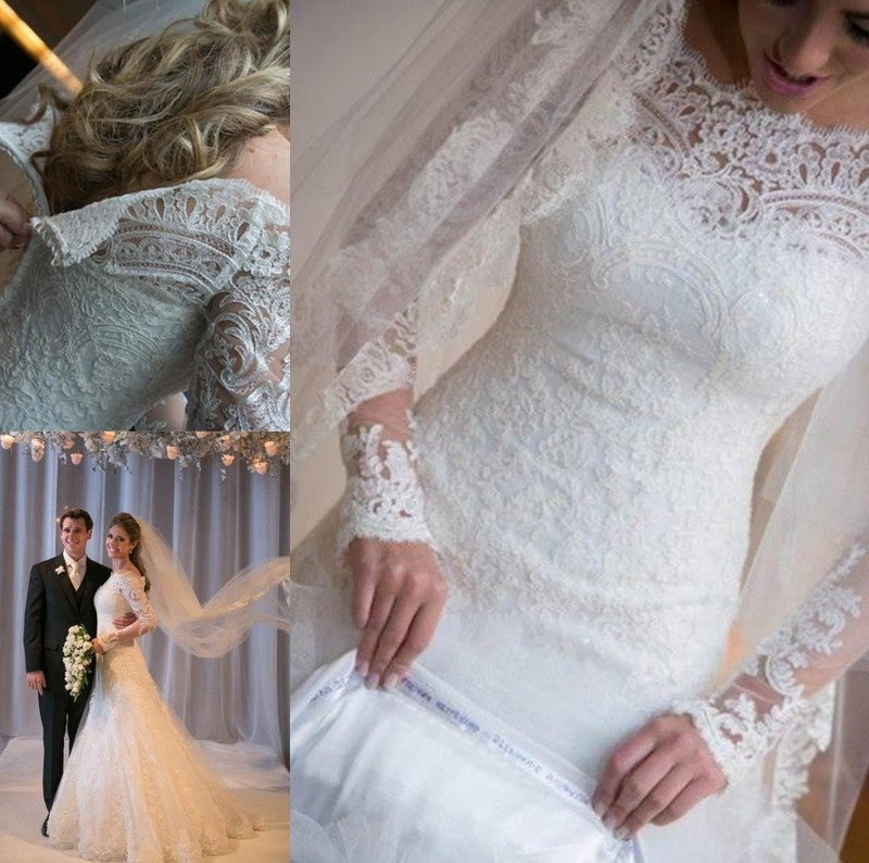 Trumpet/Mermaid Lace Off-the-Shoulder Applique Sleeves Long Train Sweep/Brush Tulle Wedding Dresses