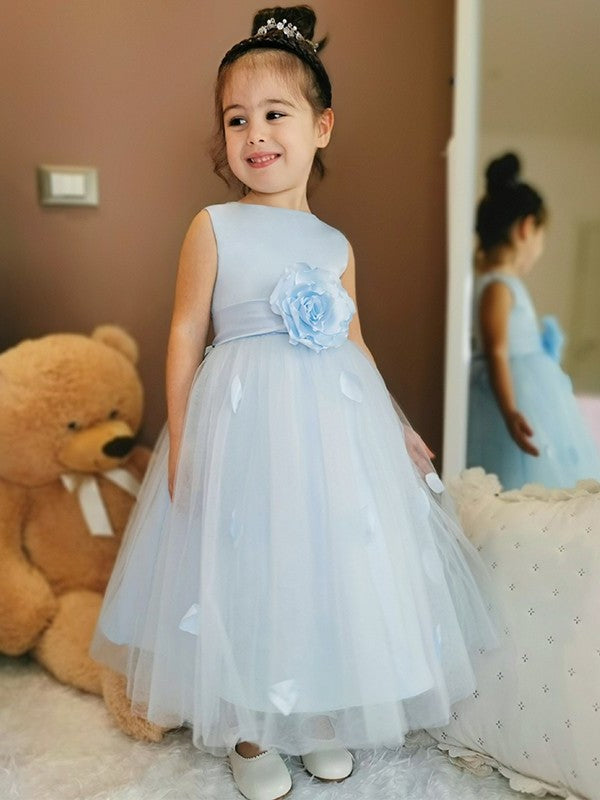 Flower Sleeveless Ankle-Length Tulle Hand-Made Scoop A-Line/Princess Flower Girl Dresses