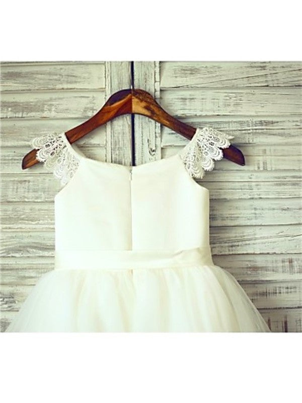 A-line/Princess Sash/Ribbon/Belt Scoop Tulle Knee-Length Sleeveless Flower Girl Dresses