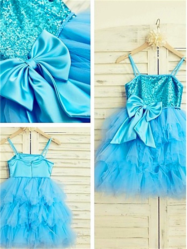 Tea-Length A-line/Princess Net Sequin Sleeveless Straps Spaghetti Flower Girl Dresses