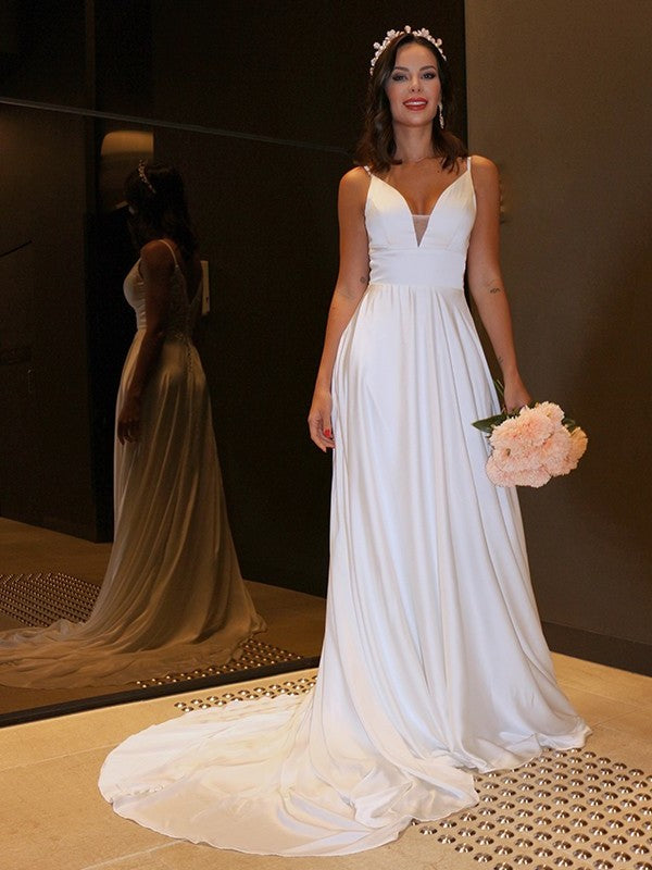 Sleeveless Sweep/Brush Ruffles Straps Spaghetti A-Line/Princess Charmeuse Train Wedding Dresses